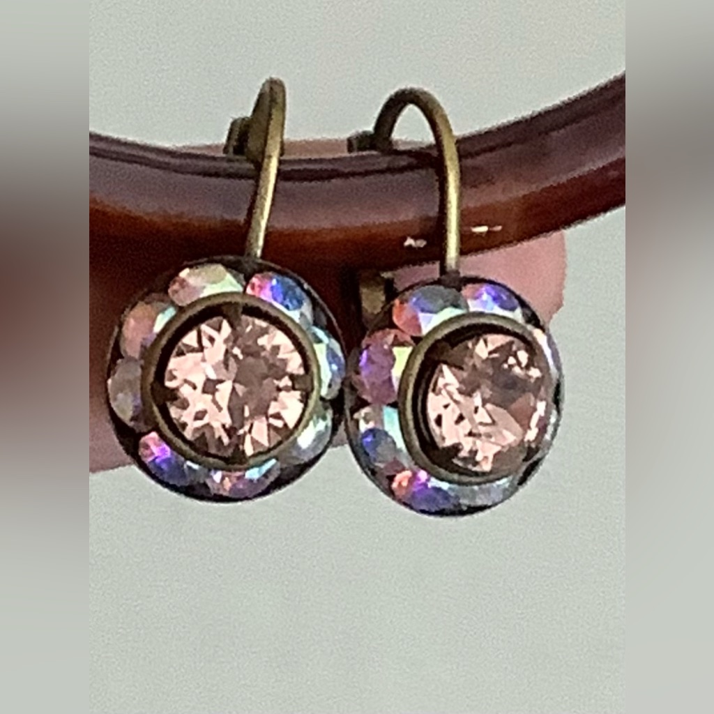 Liz Palacios Opal Swarovski Crystal Earrings Antiqued Brass